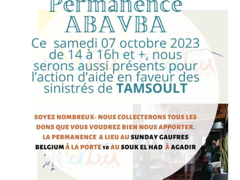 ABAVBA – Permanence mensuelle ce samedi 07 octobre 2023 SOS SÉISME 2023-COLLECTE & DONS